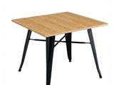 a wooden table with black legs and a wooden top