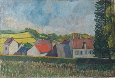 une peinture à l'huile représentant des maisons dans un champ, avec des arbres en arrière-plan