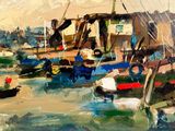 a painting of boats in the water near a dock