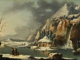une image représentant un tableau d'un paysage enneigé avec des personnes sur la rive