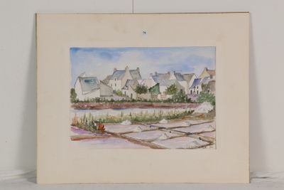 une photo d'un tableau représentant un village au bord de l'eau