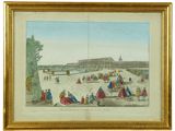 une vieille peinture représentant un grand bâtiment entouré de nombreuses personnes