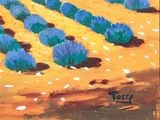a painting of a field with blue flowers in it