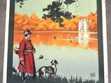 Affiche de voyage vintage française représentant une femme et son chien au bord d'un lac