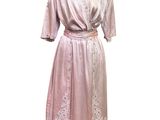 pink silk dress with white lace trim and sleeves