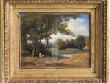 une image représentant un tableau représentant un paysage avec des personnes au bord d'une rivière