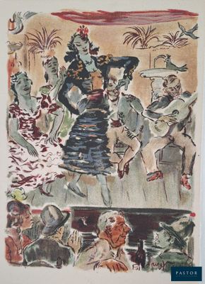 une image représentant un tableau où l'on voit une femme en robe et un groupe de personnes