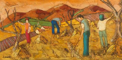 painting of a group of people working in a field with mountains in the background