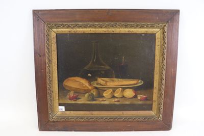 painting of a still life with bread, fruit, and a wine glass