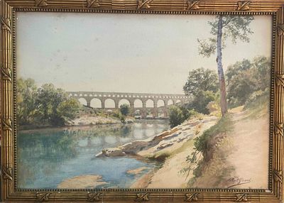 a picture of a painting of a bridge over a river