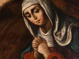 a painting of a woman kneeling down with her hands clasped in prayer