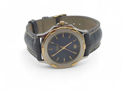 an image of a wrist watch with a blue dial on a black leather strap