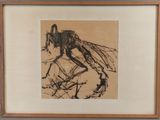 tableau représentant un cheval avec un insecte sur le dos, dans un cadre en bois
