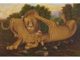 an oil painting of a lion and a lioness laying on the ground