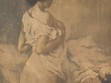 painting of a woman in a white dress and black stockings standing in front of a bed