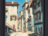 une peinture à l'huile représentant une scène de rue avec des bâtiments et une personne marchant dans la rue