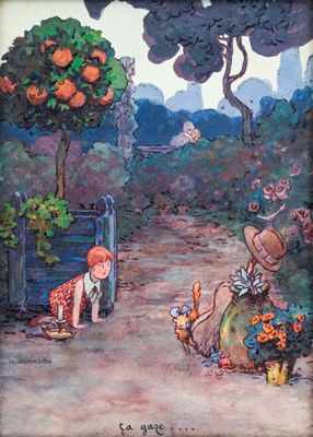 un tableau représentant une femme et un enfant dans un jardin