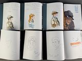 several pages of a book with drawings of people and animals