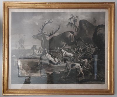 tableau encadré représentant une scène de chasse au cerf avec un homme et un chien