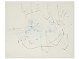 un dessin abstrait représentant un chat avec des taches bleues sur fond blanc
