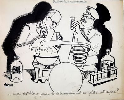 a drawing of a man and a woman sitting at a table with a fish bowl