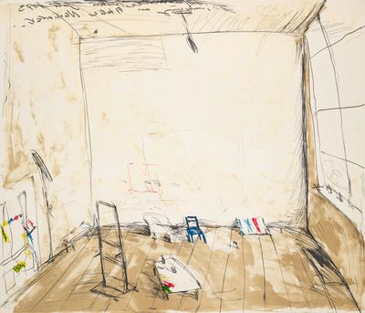 drawing of a drawing of a room with a chair and a table