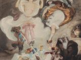 tableau représentant une femme assise sur un lit, à côté d'un chien et d'un ours en peluche