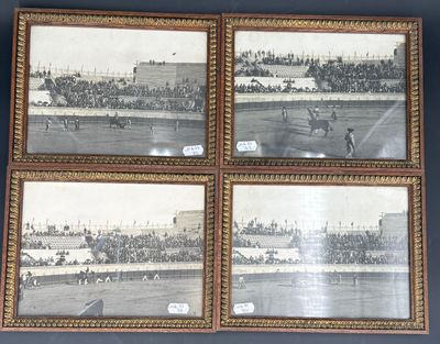 four framed photographs of a baseball game in a stadium with spectators