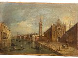 tableau représentant une vue d'un canal avec une église en arrière-plan