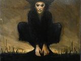 an oil painting of a woman with a hat on her head sitting in a field