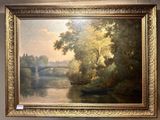 a painting of a boat on a river with a bridge in the background