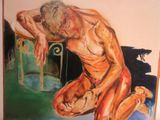 une peinture représentant une femme nue assise sur une chaise