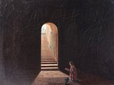 un tableau représentant une petite fille debout devant un escalier