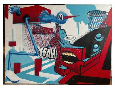 un tableau représentant un oiseau bleu perché sur le toit d'une voiture rouge