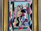 a painting of a woman in a blue dress is hanging on a wall
