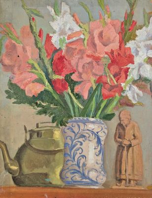 une peinture de fleurs dans un vase sur une table