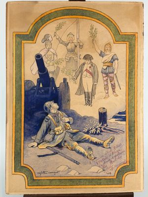 an old picture of a man laying on the ground in front of a painting