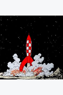 une image représentant une fusée de dessin animé s'élançant dans le ciel