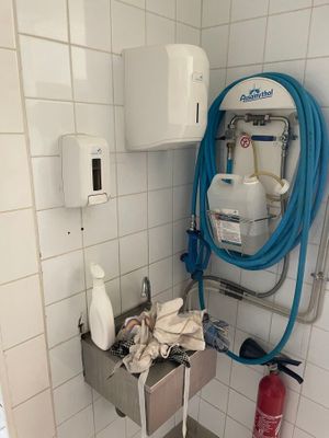 une salle de bains équipée d'un lavabo et d'un tuyau d'arrosage