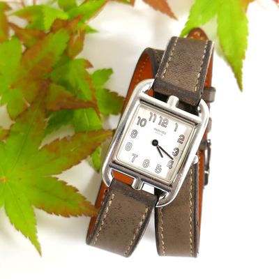 a close up of a wrist watch with a leaf in the background