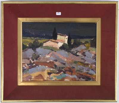 une image d'une peinture représentant une maison sur une colline