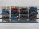 a lot of toy trucks in a display case