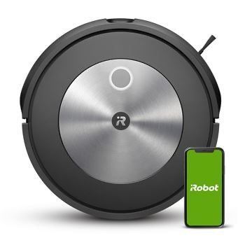 un aspirateur robot avec un téléphone à côté