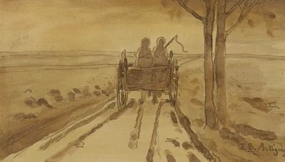 painting of a horse and buggy on a country road