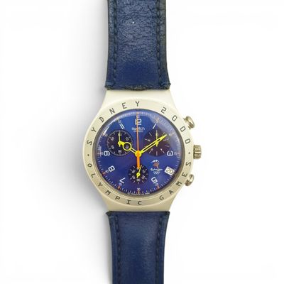 an image of a wrist watch with a blue face and yellow hands