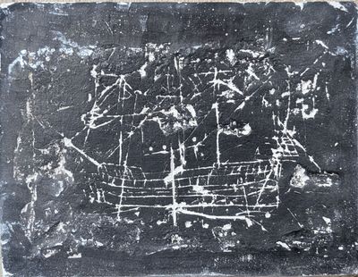 a black and white drawing of a boat on a piece of paper