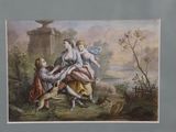 a picture of a painting of a family playing with a dog