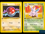 two pokemon cards with different colors and designs on them