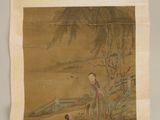 peinture chinoise sur rouleau représentant une femme et un enfant au bord d'une rivière
