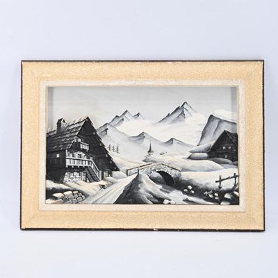 tableau représentant un village de montagne avec un pont au premier plan
